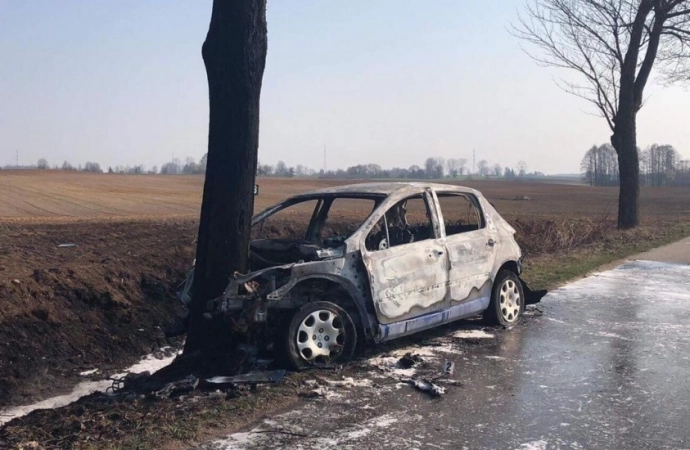 {Na drodze niedaleko Olecka doszczętnie spłonął samochód.}